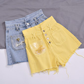 Pantaloni scurti eleganti de dama cu talie inalta in albastru si galben