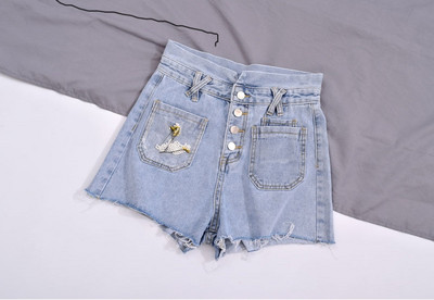 Pantaloni scurti eleganti de dama cu talie inalta in albastru si galben