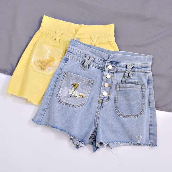 Pantaloni scurti eleganti de dama cu talie inalta in albastru si galben