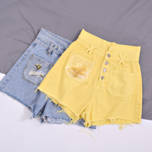 Pantaloni scurti eleganti de dama cu talie inalta in albastru si galben