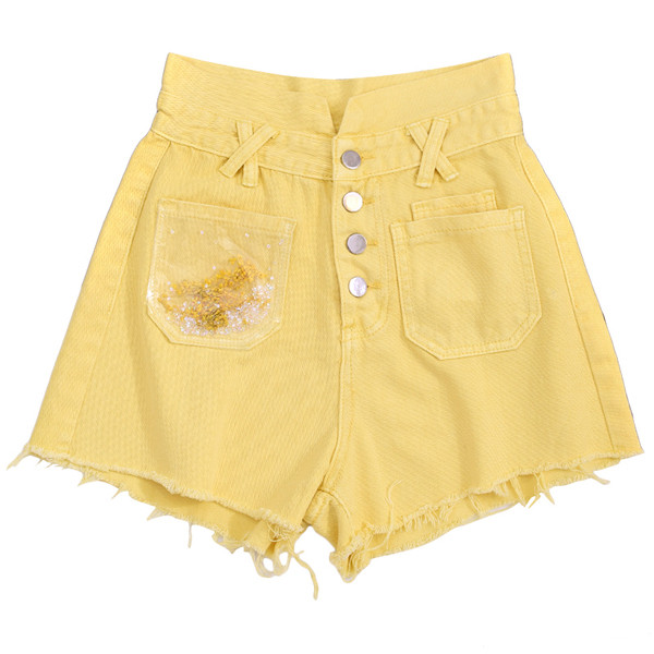 Pantaloni scurti eleganti de dama cu talie inalta in albastru si galben