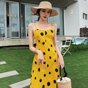 Rochie lunga de dama actuala de culoare galbena cu buline cu bretele subtiri