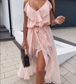 Rochie de dama eleganta model asimetric cu bretele subtiri de culoare roz