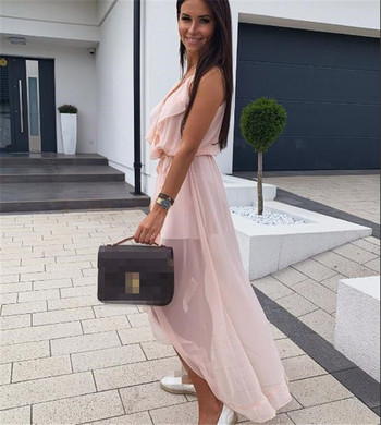 Rochie de dama eleganta model asimetric cu bretele subtiri de culoare roz