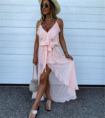 Rochie de dama eleganta model asimetric cu bretele subtiri de culoare roz