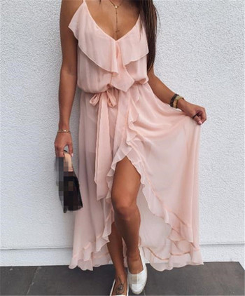 Rochie de dama eleganta model asimetric cu bretele subtiri de culoare roz