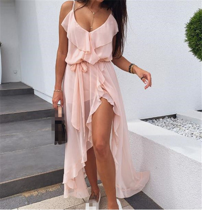 Rochie de dama eleganta model asimetric cu bretele subtiri de culoare roz