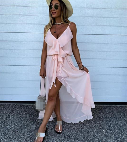 Rochie de dama eleganta model asimetric cu bretele subtiri de culoare roz