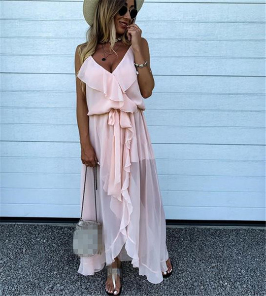 Rochie de dama eleganta model asimetric cu bretele subtiri de culoare roz