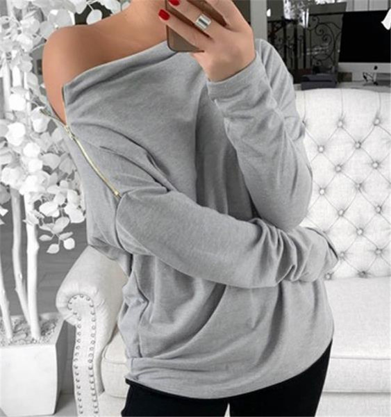 Bluză casual de damă cu mâneci lungi și fermoar de culoare gri
