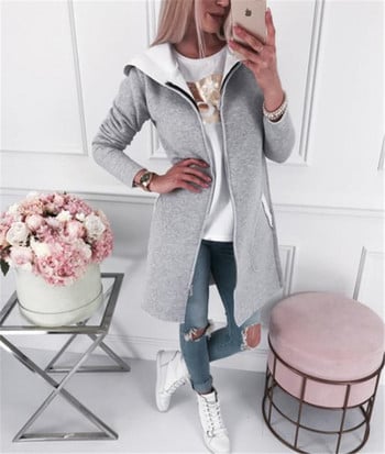 Дамско ежедневно дълго яке с качулка в сив цвят