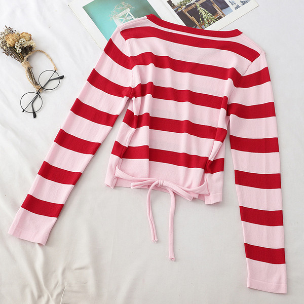 Bluza de dama cu dungi in patru culori cu cravate