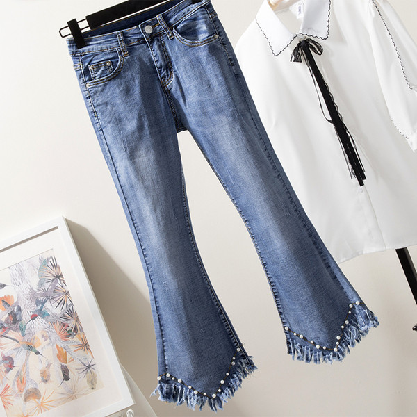 Blugi de dama moderni cu perle decorative si franjuri