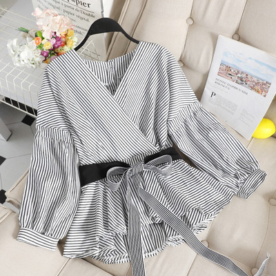 Cămașă elegantă de damă cu decolteu în V și legături în talie în două culori