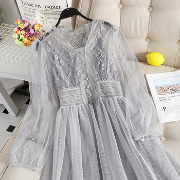 Rochie lunga de dama croiala in gri si bej