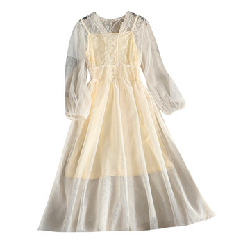 Rochie lunga de dama croiala in gri si bej