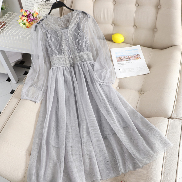 Rochie lunga de dama croiala in gri si bej