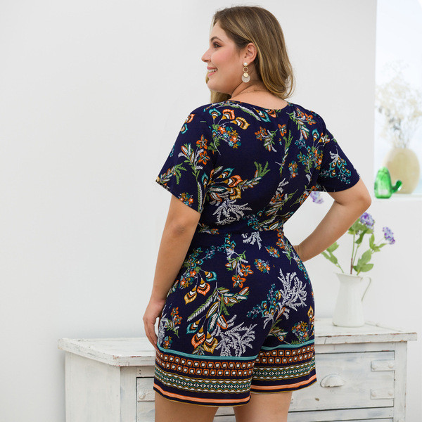 Salopetă casual de damă cu decolteu în V în albastru și alb