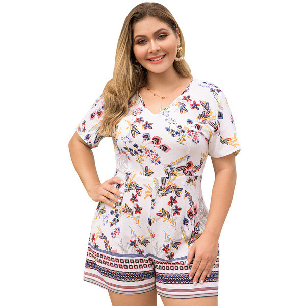 Salopetă casual de damă cu decolteu în V în albastru și alb