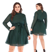 Модерна дамска рокля с дълъг ръкав и панделка в зелен цвят