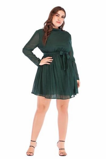 Модерна дамска рокля с дълъг ръкав и панделка в зелен цвят