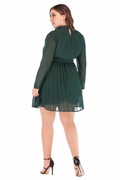 Модерна дамска рокля с дълъг ръкав и панделка в зелен цвят 