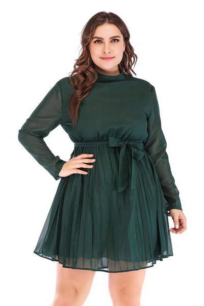 Модерна дамска рокля с дълъг ръкав и панделка в зелен цвят