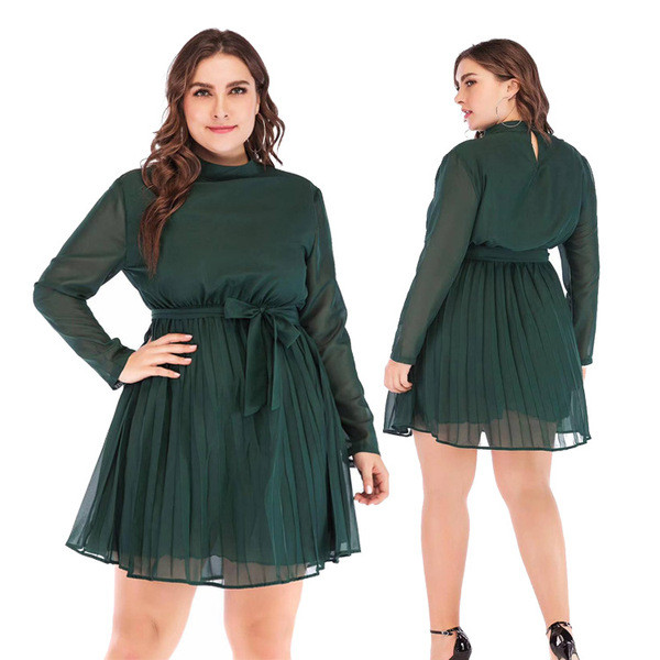 Модерна дамска рокля с дълъг ръкав и панделка в зелен цвят 