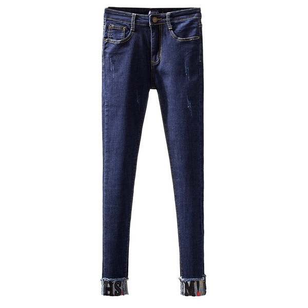 Blugi moderni de dama in albastru inchis cu inscriptii