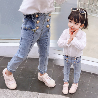 Модерни детски дънки за момичета с висока талия и копчета в светъл цвят