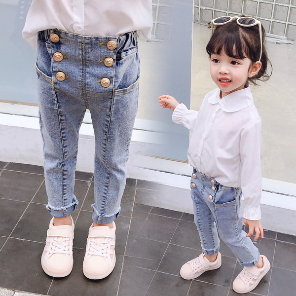 Blugi moderni pentru copii pentru fete cu talie inalta si nasturi in culoare deschisa