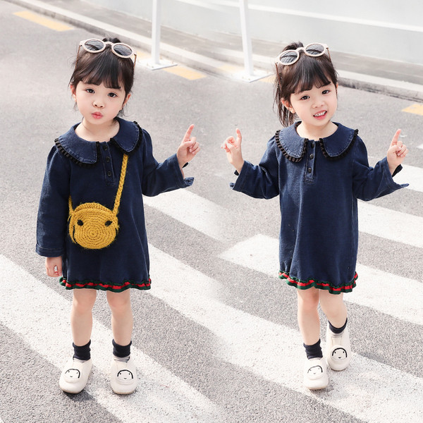 Rochie modernă pentru copii din denim pentru fete de culoare închisă