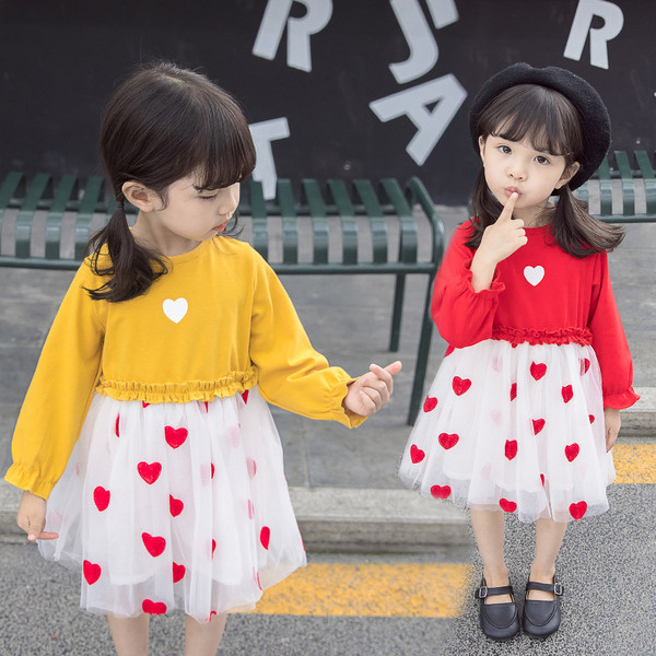 Rochie moderna pentru copii pentru fete cu tul in rosu si galben