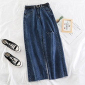 Blugi de dama moderni cu motive rupte si curea in albastru