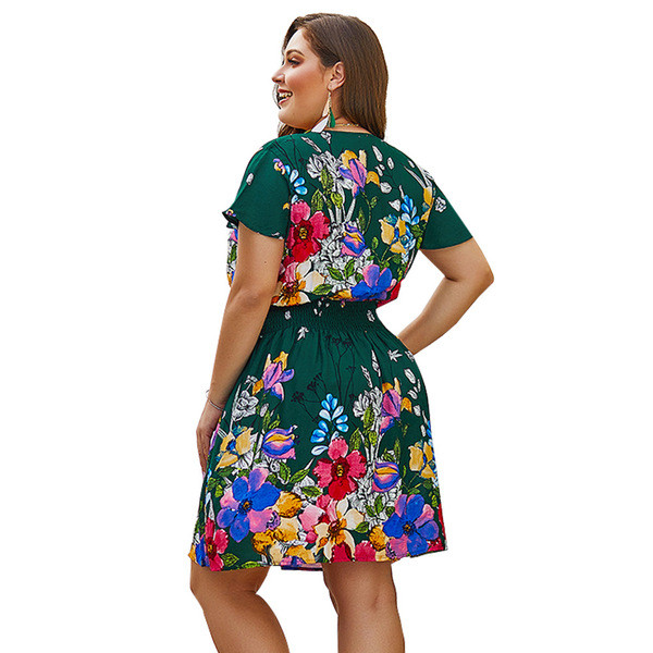 Rochie casual de dama, cu decolteu adanc si maneci scurte, de culoare verde si negru