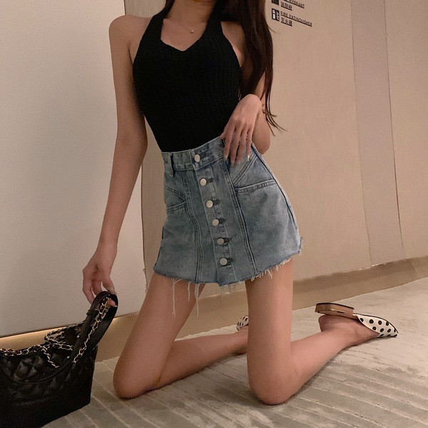 Fusta - pantaloni albastri cu talie inalta