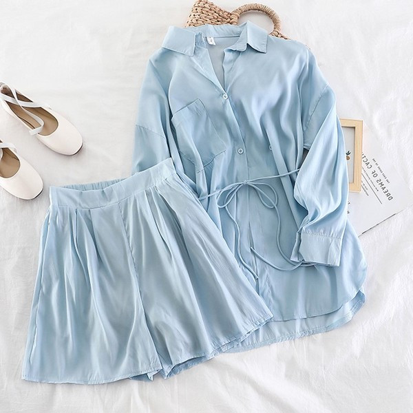 Set de dama modern camasa + pantaloni - maro si albastru