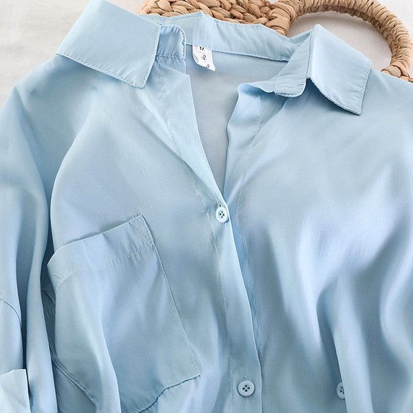 Set de dama modern camasa + pantaloni - maro si albastru