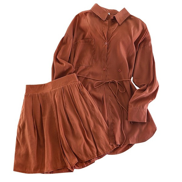 Set de dama modern camasa + pantaloni - maro si albastru