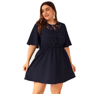Rochie casual de dama cu dantela in albastru si roz