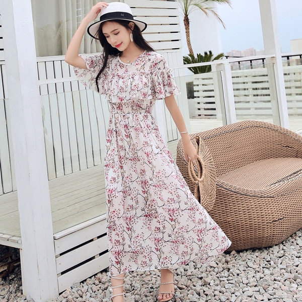 Rochie lunga de dama eleganta cu model floral - model croiat