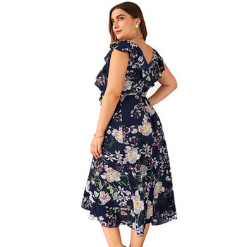 Rochie modernă de damă cu decolteu adânc și mâneci scurte în albastru