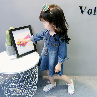 Rochie copii din denim pentru fete model croiat cu maneci lungi