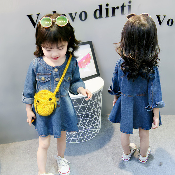 Rochie copii din denim pentru fete model croiat cu maneci lungi