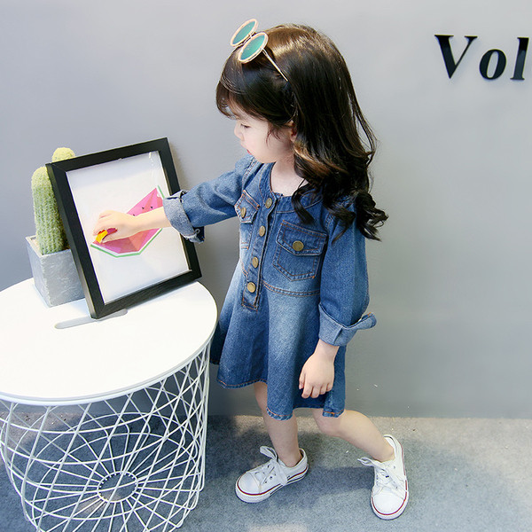 Rochie copii din denim pentru fete model croiat cu maneci lungi