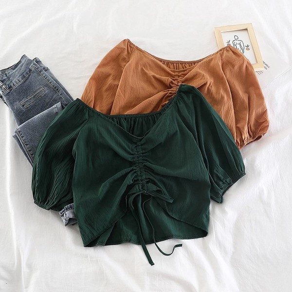 Bluză de damă modernă cu mâneci 3/4 - maro, verde, alb și negru