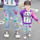 Blugi casual copii pentru fete cu aplicatii colorate