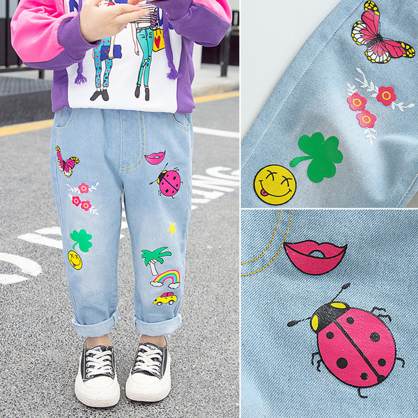Blugi casual copii pentru fete cu aplicatii colorate