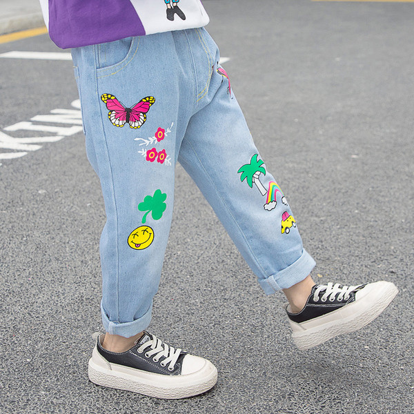 Blugi casual copii pentru fete cu aplicatii colorate