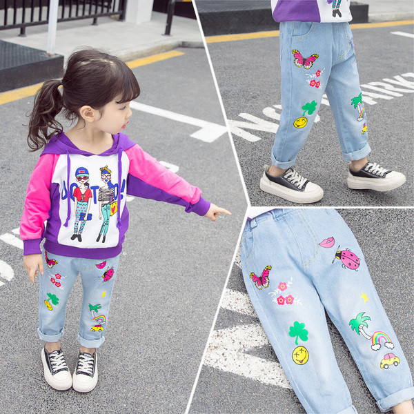 Blugi casual copii pentru fete cu aplicatii colorate